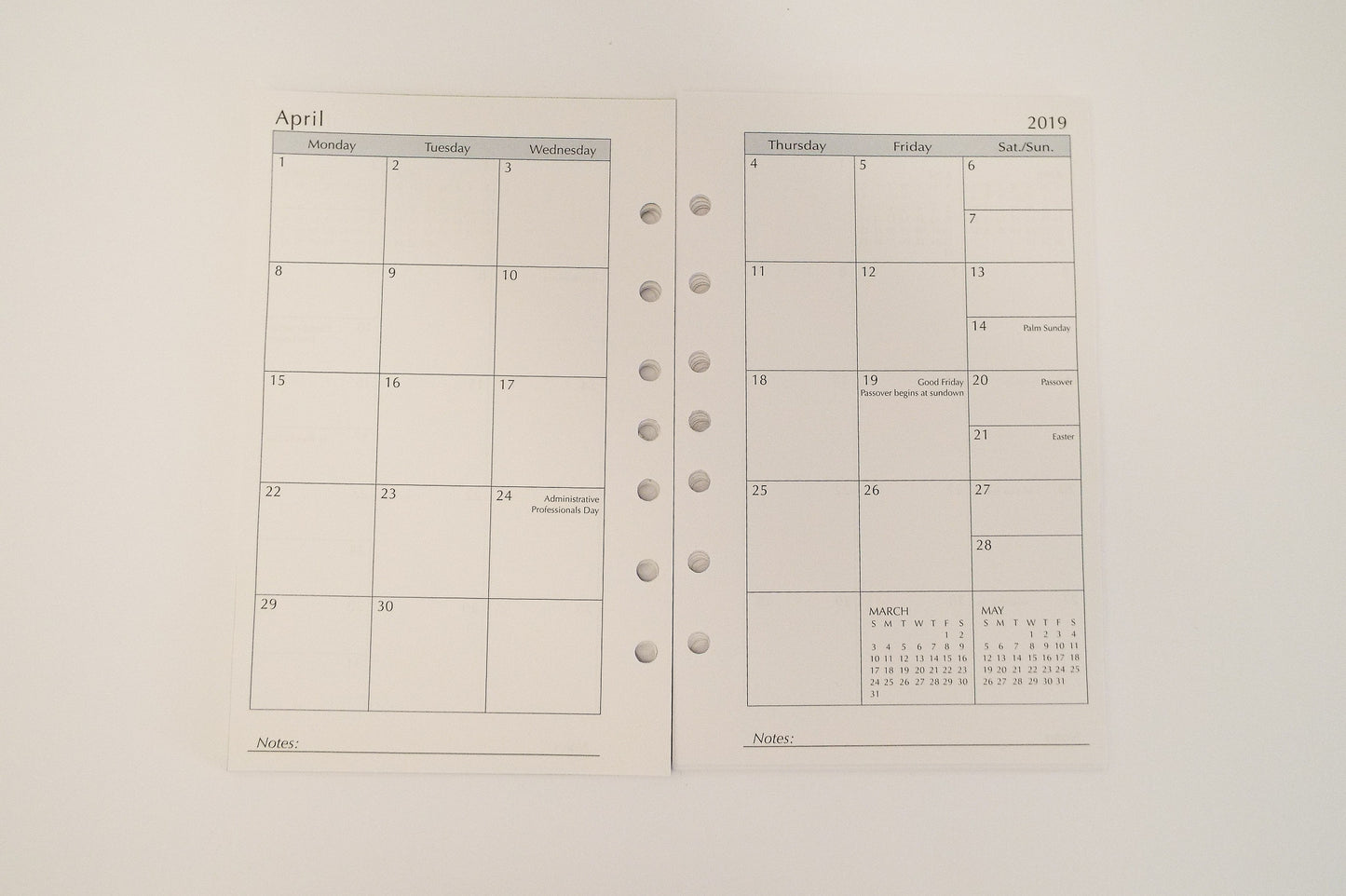 McCarthy Planner- Item MW58P7 12 Month Planner and Address Refill Combo  White paper. 8-1/2 x 5-1/2 7 hole. Weekly and Monthly View Format. One planner; with two formats. Also includes Area Codes and Time Zone Map, Important Dates, International Holidays, and Toll-Free Numbers and Web Sites! 48 sheets (96 pages) supplemental section included. The supplemental section has 20 ruled, 24 to-do and 54 address pages.  Made in the USA!