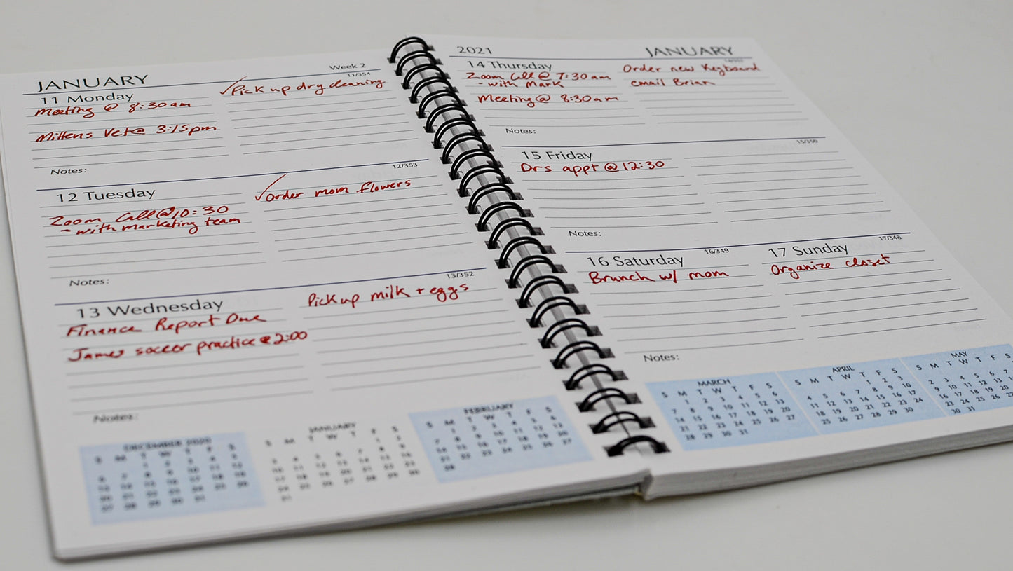MW58W This wirebound 2021 or 2022 calendar, 5" x 8" refill has a month-at-a-view portion in the front of the book and a week-at-a-view portion in the back.