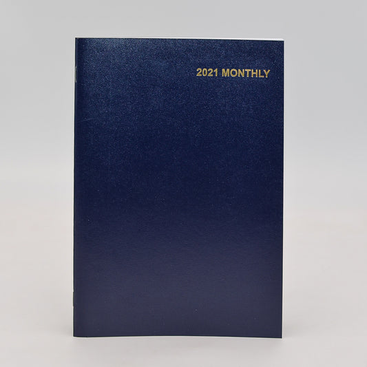 Monthly Calendar: 7" x 10" Staple Bound Leatherette Planner   January 2021-January 2022  Available in Forrest Green and Navy Blue  This Month-at-a-glance calendar includes additional pages, such as: personal information page, three year calendar, future planning for 2021 and 2022, metric conversion, special information, air distances, investment record, dividends & investment record, expense summary, telephone/address, important dates, special dates, area codes/time zones