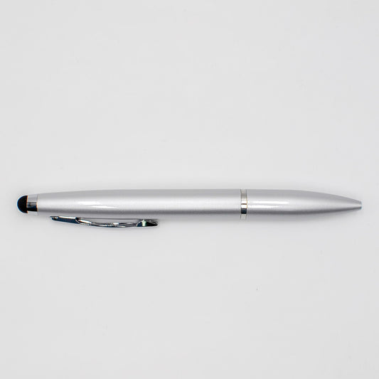 Pens: Silver Ballpoint Pen with Blue Ink and Stylus