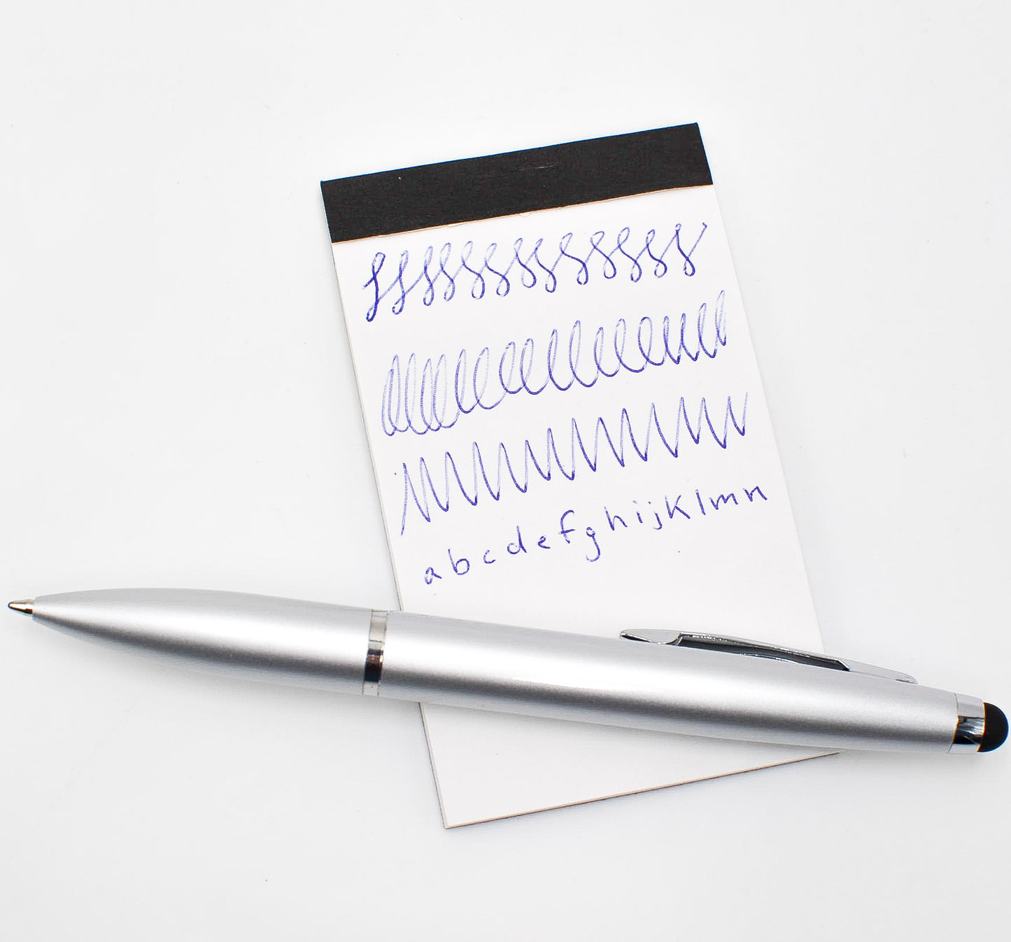 Pens: Silver Ballpoint Pen with Blue Ink and Stylus