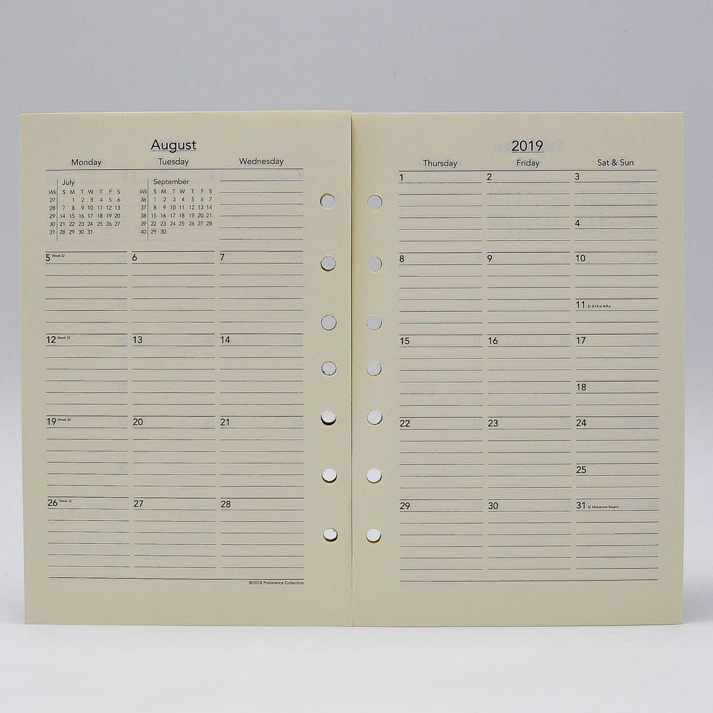 Preference Collection: PD827I 8-1/2 x 5-1/2 7-hole Planner monthly weekly calendar for 2019 or 2020 ivory loose leaf gherka bosca