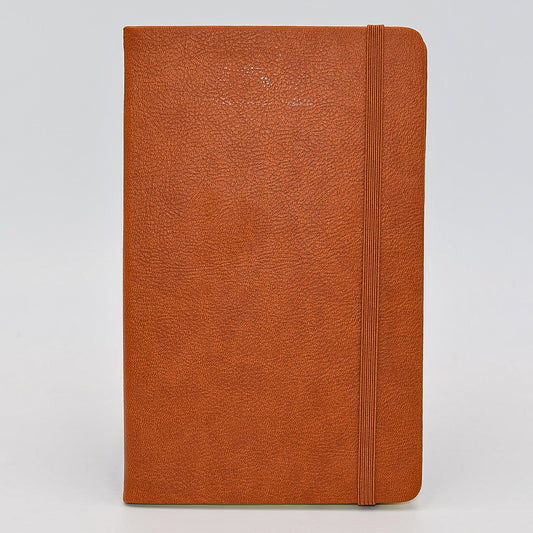 Journal: Faux Leather Lined Case Bound Book with Elastic Closure  This vegan leather ruled journal is perfect for your travels, home, car, or office. With a convenient elastic band closure, keep your book closed with ease. With ivory ruled pages, keep easy notes throughout your day.  Available in Tan, White, and Blue  Dimensions: 5" x 8" tan british tan brown light brown