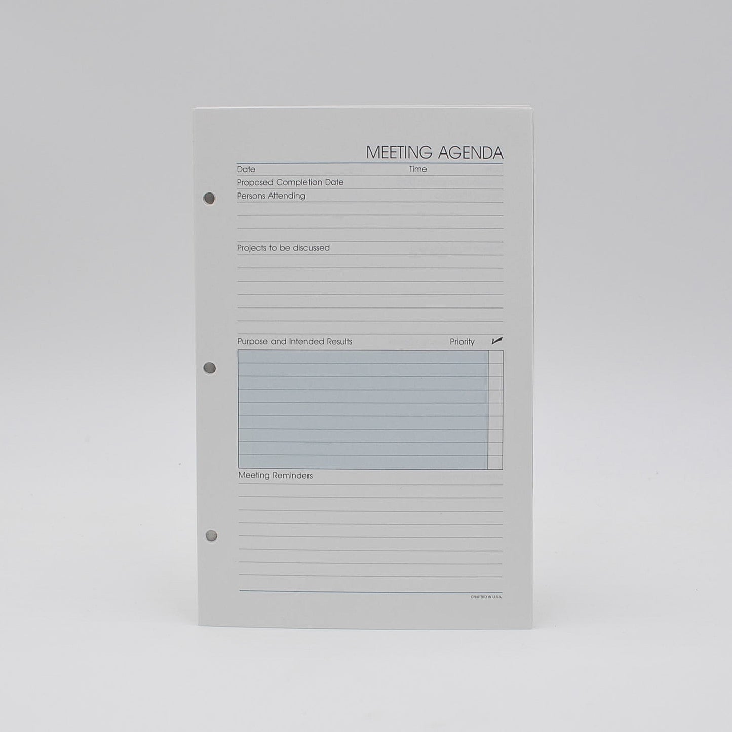 Supplements: Meeting Agenda 5-1/2 "x 8-1/2" 3-hole or 7-hole Available in White or Ivory 1 Pack includes 50 sheets Made in the USA!