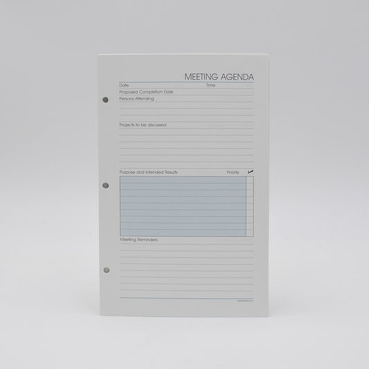 Supplements: Meeting Agenda 5-1/2 "x 8-1/2" 3-hole or 7-hole  Available in White or Ivory  1 Pack includes 50 sheets  Made in the USA!