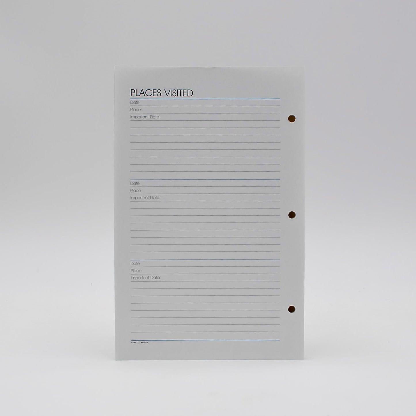 Supplements: Places Visited Sheets 5-1/2" x 8-1/2" 3-HOLE OR 7-HOLE Each pack contains 50 sheets Available in White and Ivory Available in 3-hole or 7-hole