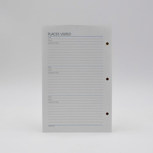 Supplements: Places Visited Sheets 5-1/2" x 8-1/2" 3-HOLE OR 7-HOLE  Each pack contains 50 sheets  Available in White and Ivory   Available in 3-hole or 7-hole