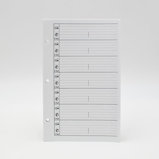 Address Sheets: MA58P3 8-1/2"X 5-1/2" 3-ringThis address / telephone book is 5-1/2" x 8-1/2" with 3 or 7 hole punch. It is available in white paper.  It is perfect for storing addresses, telephone numbers, email addresses, or even usernames and passwords.