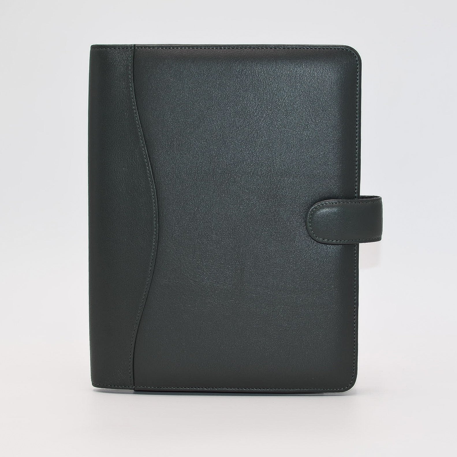 This leather cover is available in British Tan, Red, Burgundy, Green, Black, and Brown. This 7-1/2" x 9-3/4" cover accommodates wire bound and loose leaf inserts with an optional metal 3-ring binder. Keep yourself organized with ease with a snap closure, horizontal note pad holder, clear identification holder, document holder, and leather book mark.