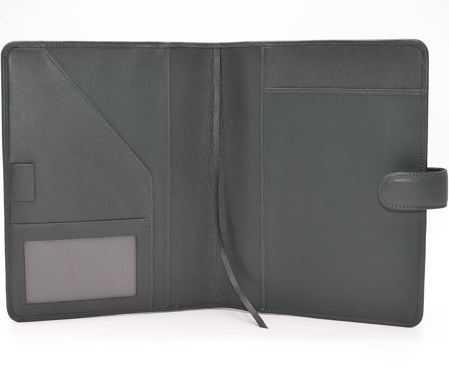 This leather cover is available in British Tan, Red, Burgundy, Green, Black, and Brown. This 7-1/2" x 9-3/4" cover accommodates wire bound and loose leaf inserts with an optional metal 3-ring binder. Keep yourself organized with ease with a snap closure, horizontal note pad holder, clear identification holder, document holder, and leather book mark.