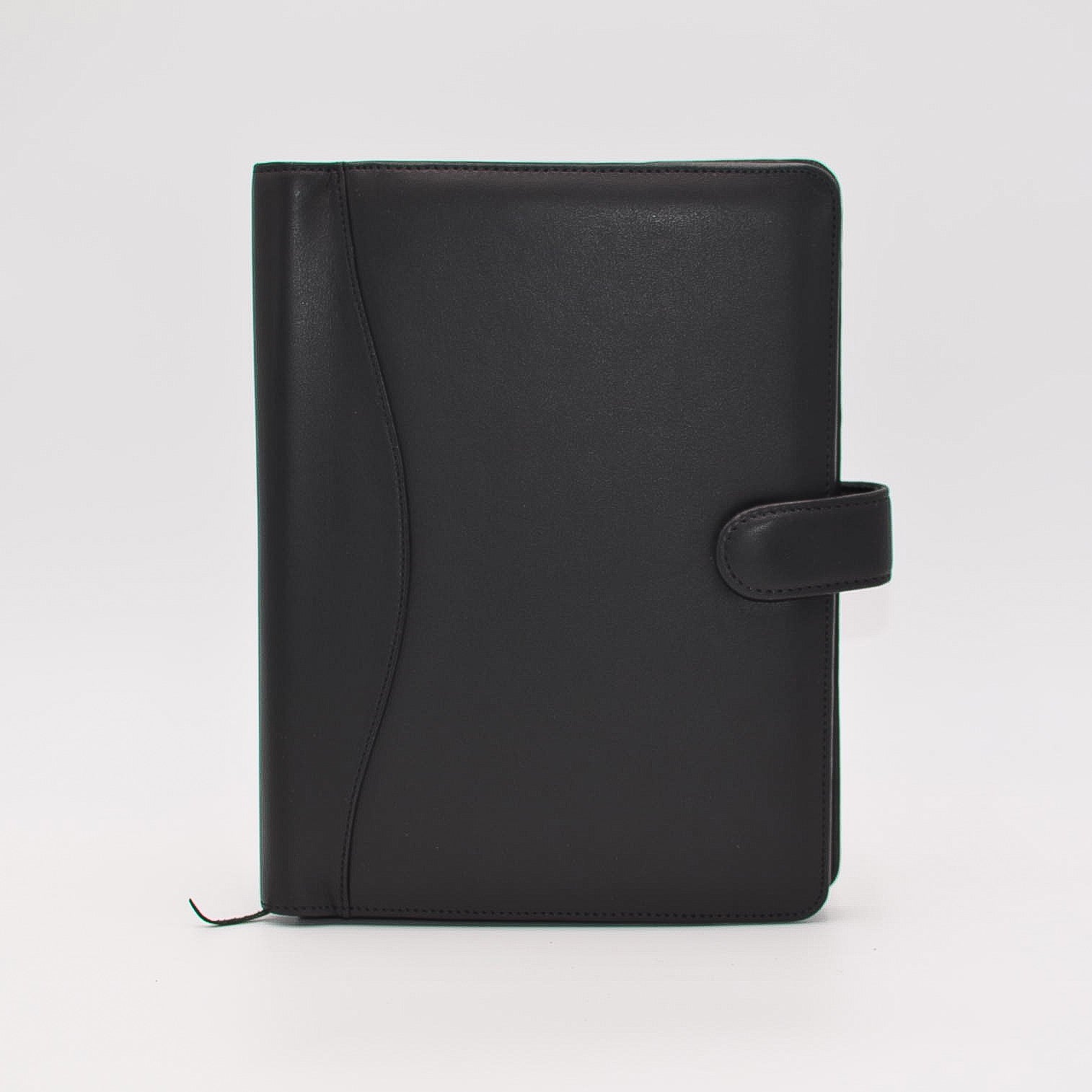 This leather cover is available in British Tan, Red, Burgundy, Green, Black, and Brown. This 7-1/2" x 9-3/4" cover accommodates wire bound and loose leaf inserts with an optional metal 3-ring binder. Keep yourself organized with ease with a snap closure, horizontal note pad holder, clear identification holder, document holder, and leather book mark.