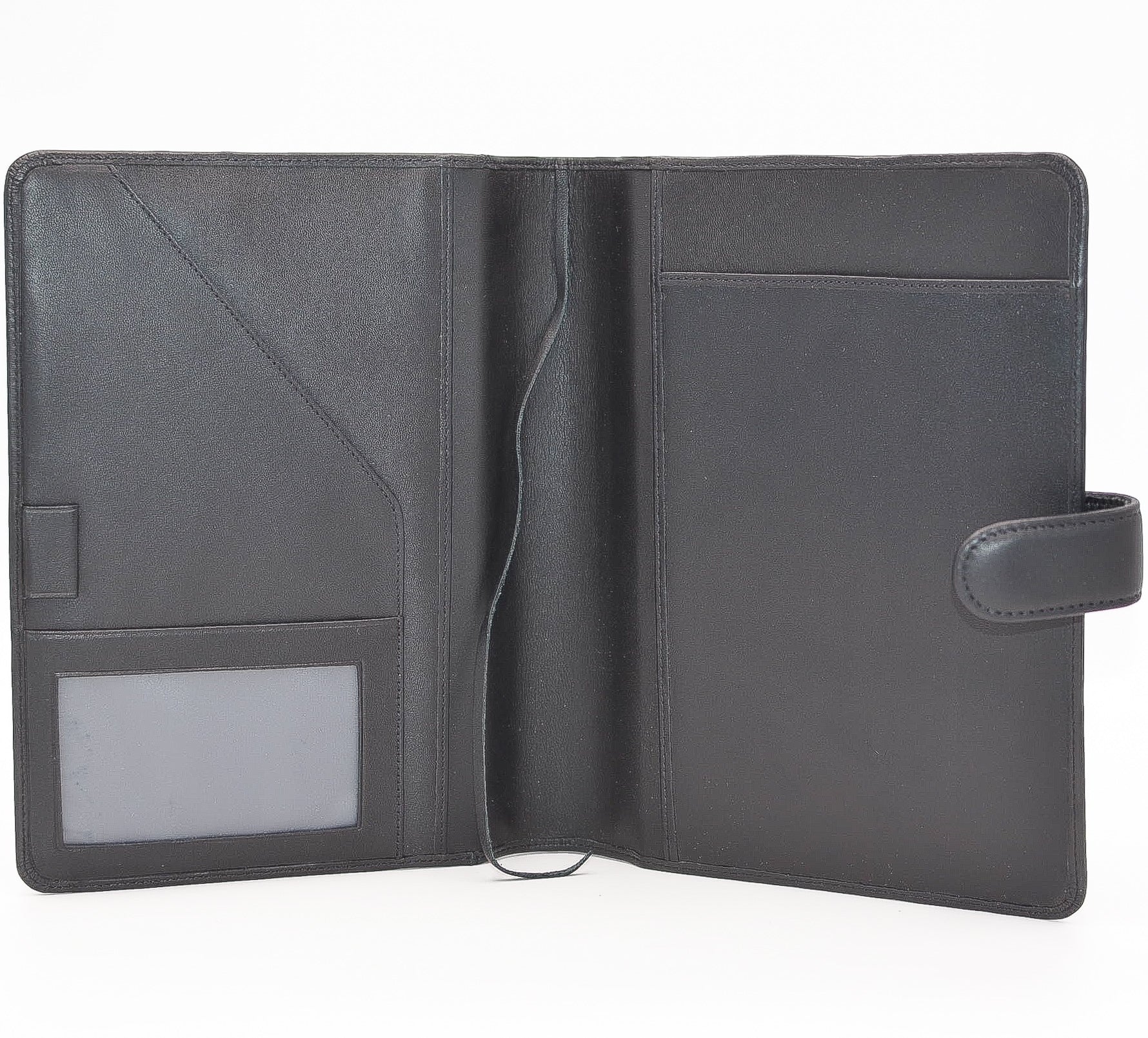 This leather cover is available in British Tan, Red, Burgundy, Green, Black, and Brown. This 7-1/2" x 9-3/4" cover accommodates wire bound and loose leaf inserts with an optional metal 3-ring binder. Keep yourself organized with ease with a snap closure, horizontal note pad holder, clear identification holder, document holder, and leather book mark.