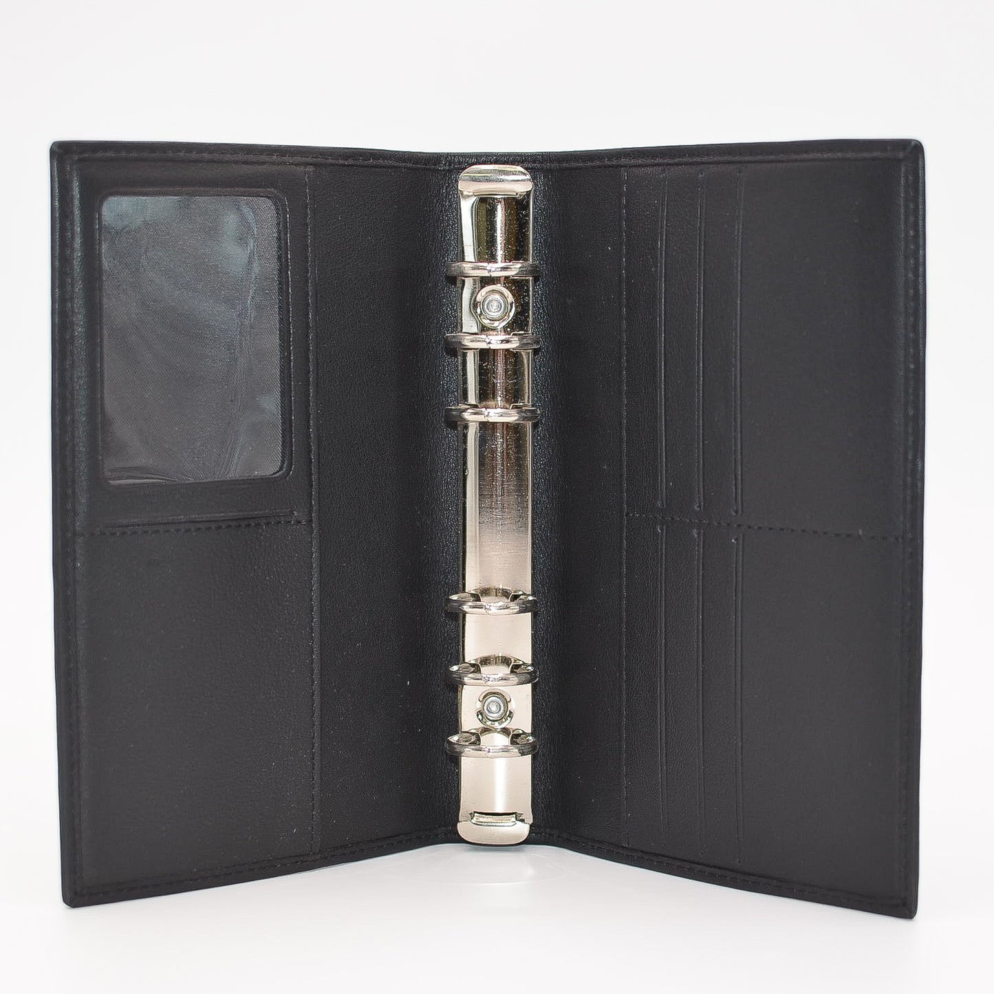 Leather 6-ring Cover   This black leather cover includes business card holders, document pocket, and clear Identification holder. This cover has 6 metal rings that accommodate 3-3/4" x 6-3/4" inserts.  Dimensions: 4" x 6-1/2"  Insert Size: 3-3/4" x 6-3/4"  Cover Color: Black  Rings: Metal  Compatible with items: PD646I, MP46P6, MW46P6