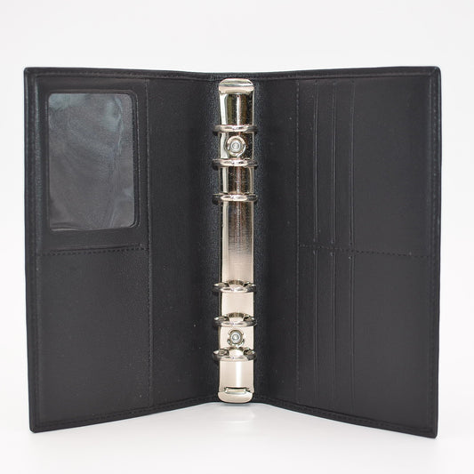 Leather 6-ring Cover   This black leather cover includes business card holders, document pocket, and clear Identification holder. This cover has 6 metal rings that accommodate 3-3/4" x 6-3/4" inserts.  Dimensions: 4" x 6-1/2"  Insert Size: 3-3/4" x 6-3/4"  Cover Color: Black  Rings: Metal  Compatible with items: PD646I, MP46P6, MW46P6