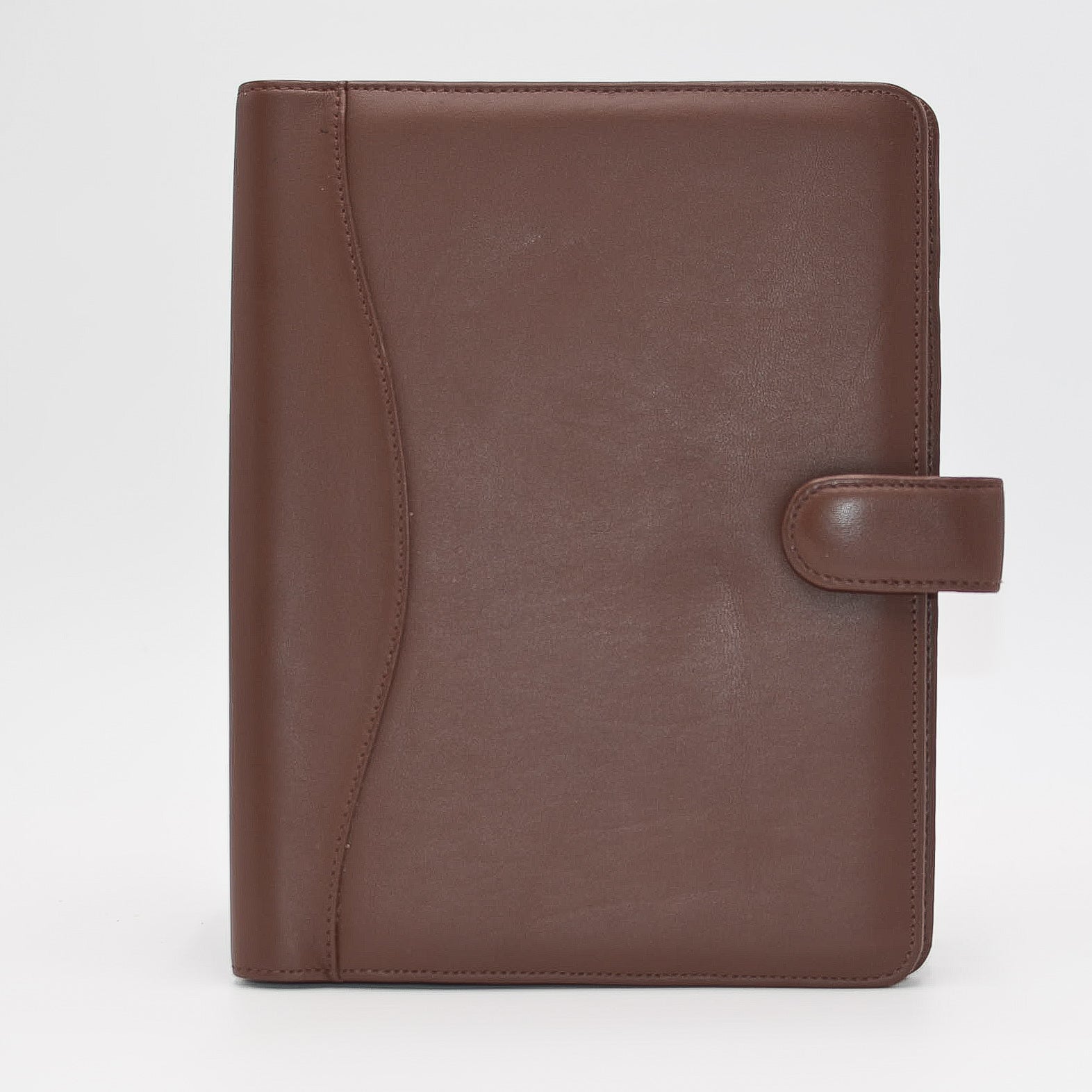 This leather cover is available in British Tan, Red, Burgundy, Green, Black, and Brown. This 7-1/2" x 9-3/4" cover accommodates wire bound and loose leaf inserts with an optional metal 3-ring binder. Keep yourself organized with ease with a snap closure, horizontal note pad holder, clear identification holder, document holder, and leather book mark.