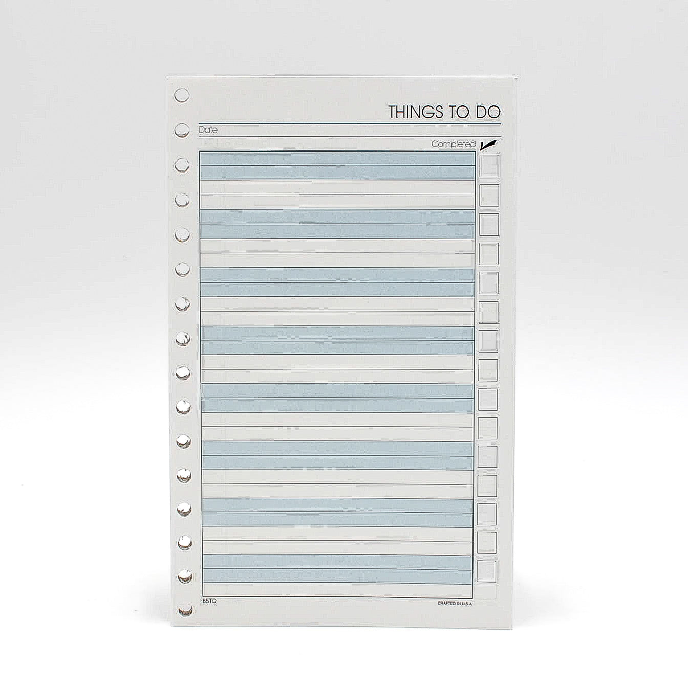 Item PCTD85 To-do Sheets White or Ivory paper. Size 5" x 8" 3-ring or 16-ring To-do Sheets 3-Ring Compatible with: PD853I 16-Ring Compatible with: PD85MI Made in the USA!