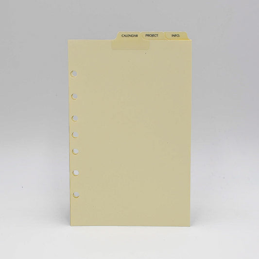 White or Ivory paper. Size 5-1/2" X 8-1/2" 3-Ring or 7-Ring 3 (Calendar, Project, Info) Top Tabs