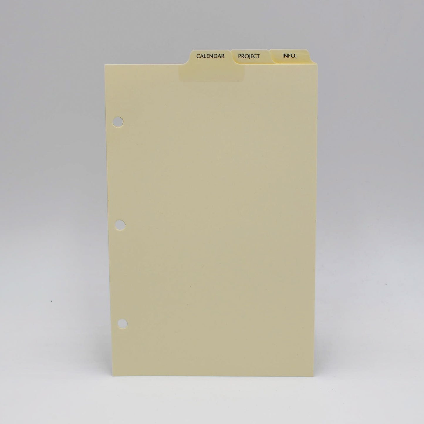 White or Ivory paper. Size 5-1/2" X 8-1/2" 3-Ring or 7-Ring 3 (Calendar, Project, Info) Top Tabs