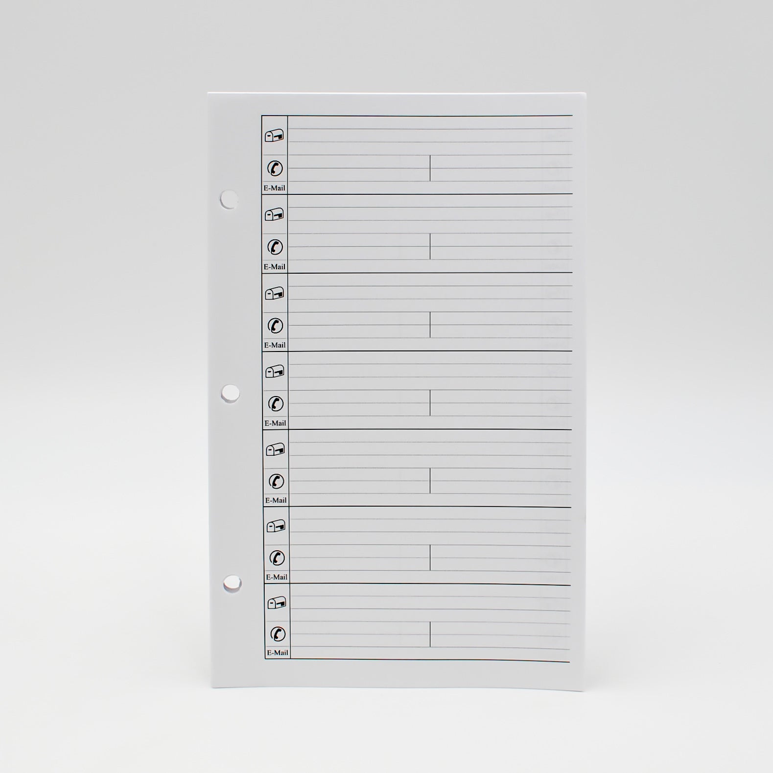 Address Sheets: MA58P3 8-1/2"X 5-1/2" 3-ringThis address / telephone book is 5-1/2" x 8-1/2" with 3 or 7 hole punch. It is available in white paper.  It is perfect for storing addresses, telephone numbers, email addresses, or even usernames and passwords.