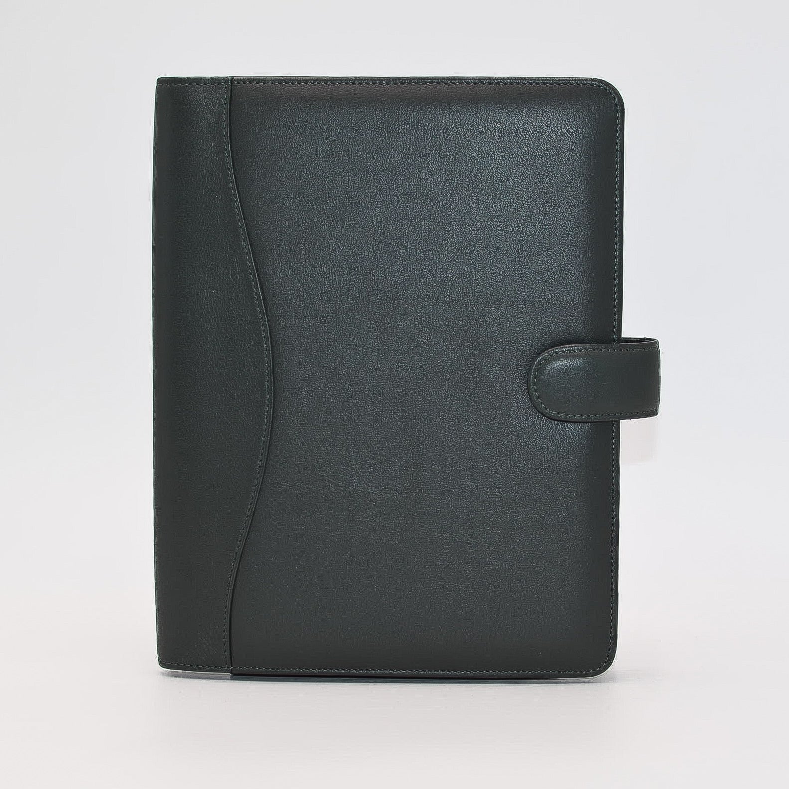 This leather cover is available in British Tan, Red, Burgundy, Green, Black, and Brown. This 7-1/2" x 9-3/4" cover accommodates wire bound and loose leaf inserts with an optional metal 3-ring binder. Keep yourself organized with ease with a snap closure, horizontal note pad holder, clear identification holder, document holder, and leather book mark. 