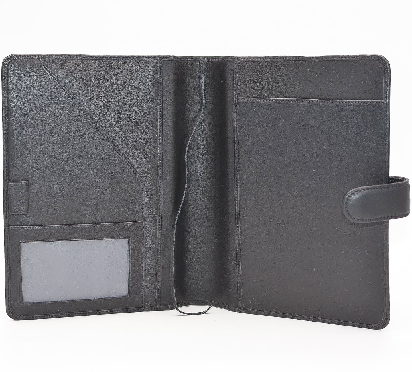 This leather cover is available in British Tan, Red, Burgundy, Green, Black, and Brown. This 7-1/2" x 9-3/4" cover accommodates wire bound and loose leaf inserts with an optional metal 3-ring binder. Keep yourself organized with ease with a snap closure, horizontal note pad holder, clear identification holder, document holder, and leather book mark. 