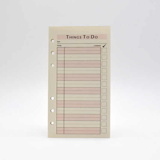 Item TD46P6 To-Do Sheets  White or Ivory paper. Size 3-3/4" x 3-3/4" 6-Ring 50 To-do Sheets Loose Leaf  Compatible with: MP46P6, PD646I  Made in the USA!