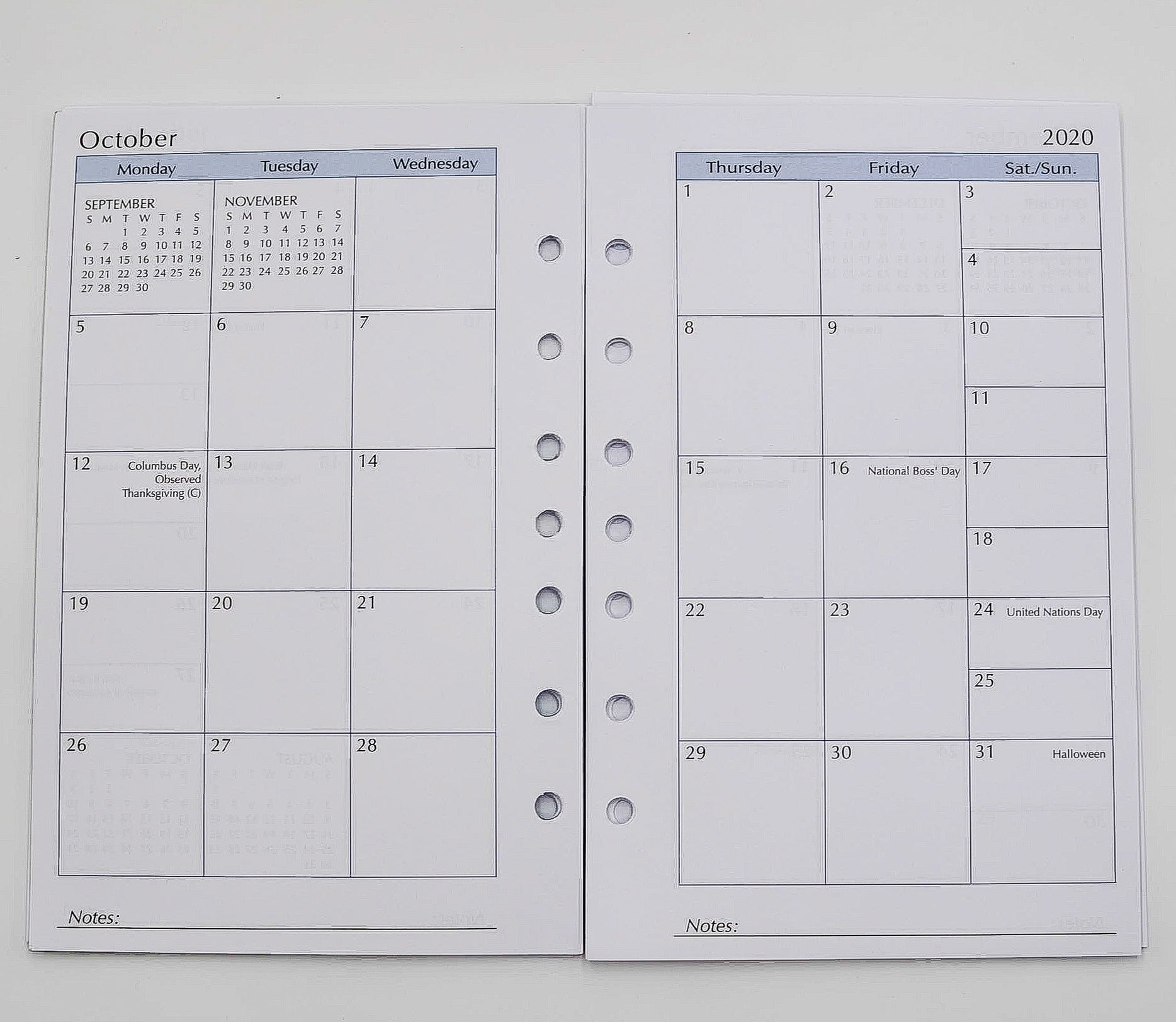 2020 calendar McCarthy Planner- Item MP58P7 12 Month Planner  White paper. Size 8-1/2"X 5-1/2" 7 -Ring 144 pages; Weekly and Monthly View Format. One agenda planner; two formats. Also includes a 3 Yearly View, 12 Monthly View, 52 Weekly View. And includes Advance Planning, Important Dates, International Holidays, Birthdays and Anniversaries, Weights and Measures, Weather, Interest Rates, Road and Air Miles...and more! Calendar refill only.  Made in the USA! loose leaf paper agenda refill insert organizer 
