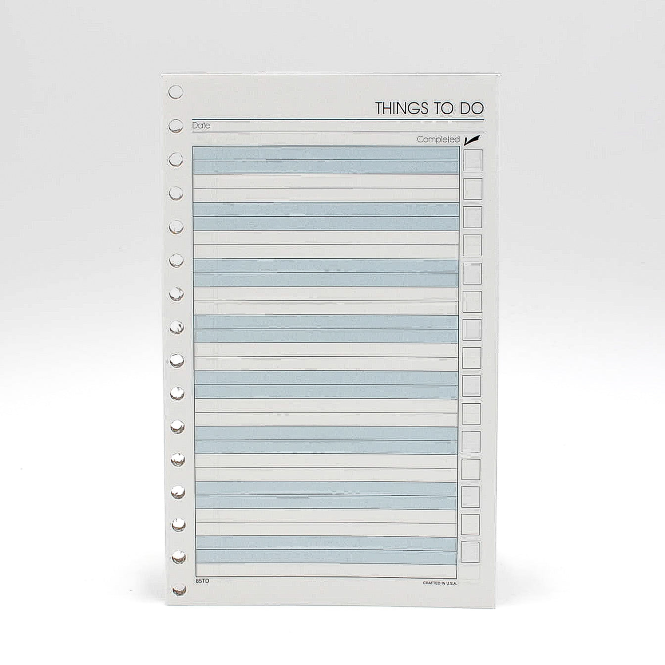 Item PCTD85 To-do Sheets  White or Ivory paper. Size 5" x 8" 3-ring or 16-ring To-do Sheets  3-Ring Compatible with: PD853I  16-Ring Compatible with: PD85MI  Made in the USA!